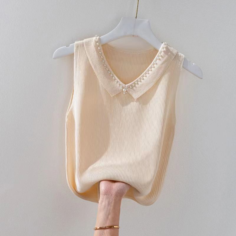 Female Doll Collar Solid Color Sleeveless Top Fashionable Pearl Versatile Camisole
