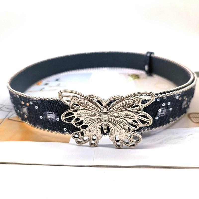 Distressed Butterfly Buckle Belt for Adult Fashion Bead Trim Sequined Waistband Jeans Belt Teens Girl Waist Accessories