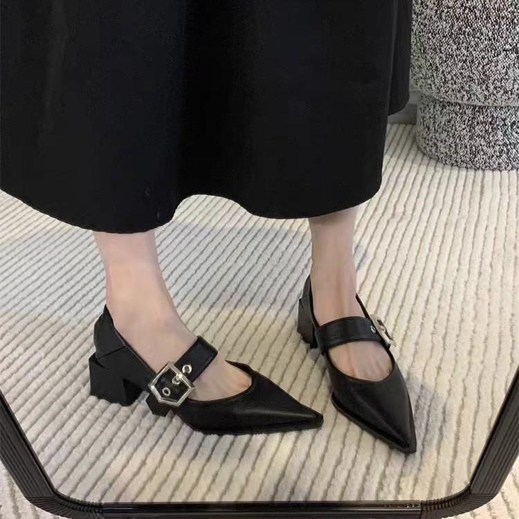 French Retro Mary Jane Thick-heeled Single Shoes Women's 2025 New Temperament Pointed One-word Buckle with Small Fragrant High Heels