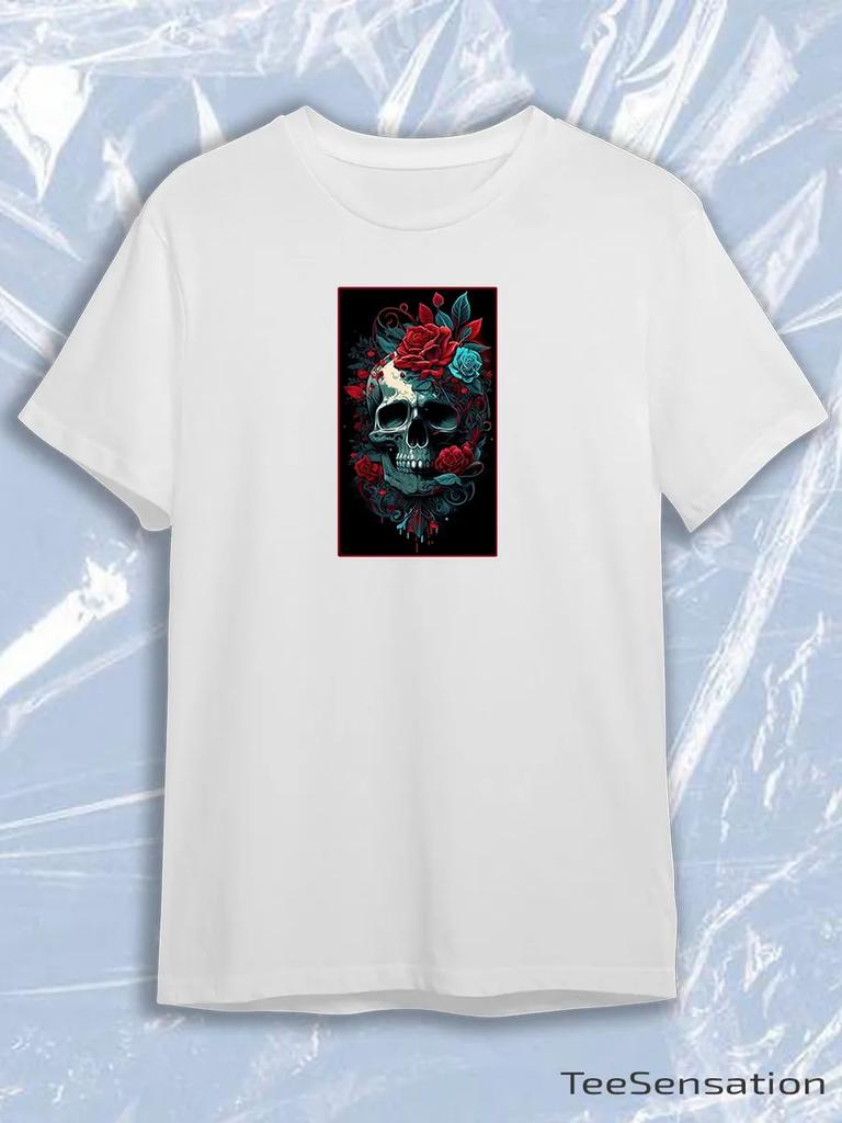 TeeSensation White Crew Neck Short Sleeve T-Shirt with Skull Red Blue Roses Tattoo Art Print