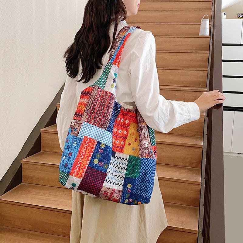 Denim canvas bag women's large-capacity versatile tote bag retro contrasting messenger bag
