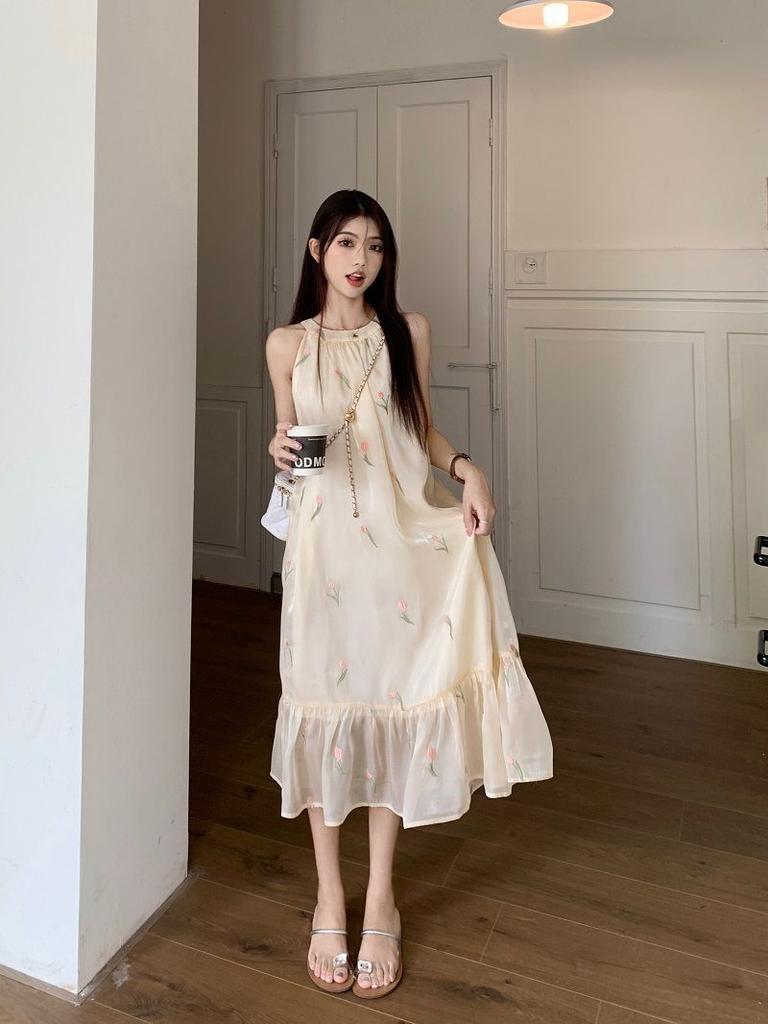 French Elegant Neck Dress Women's Summer New Retro Loose Floral Printing Temperament Medium and Long Skirt Chic
