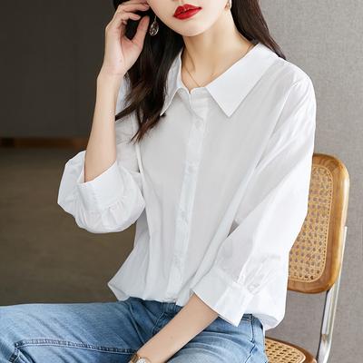 White Blouse Womens Seven-quarter Sleeves Latest Korean Version Lantern Sleeves Top Comfortable Fit Leisure Pure Cotton Blouse