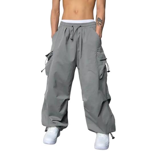 Men Casual Cargo Pants Hip Hop Baggy Trousers with Pockets Low-Rise Elastic Waist Drawstring