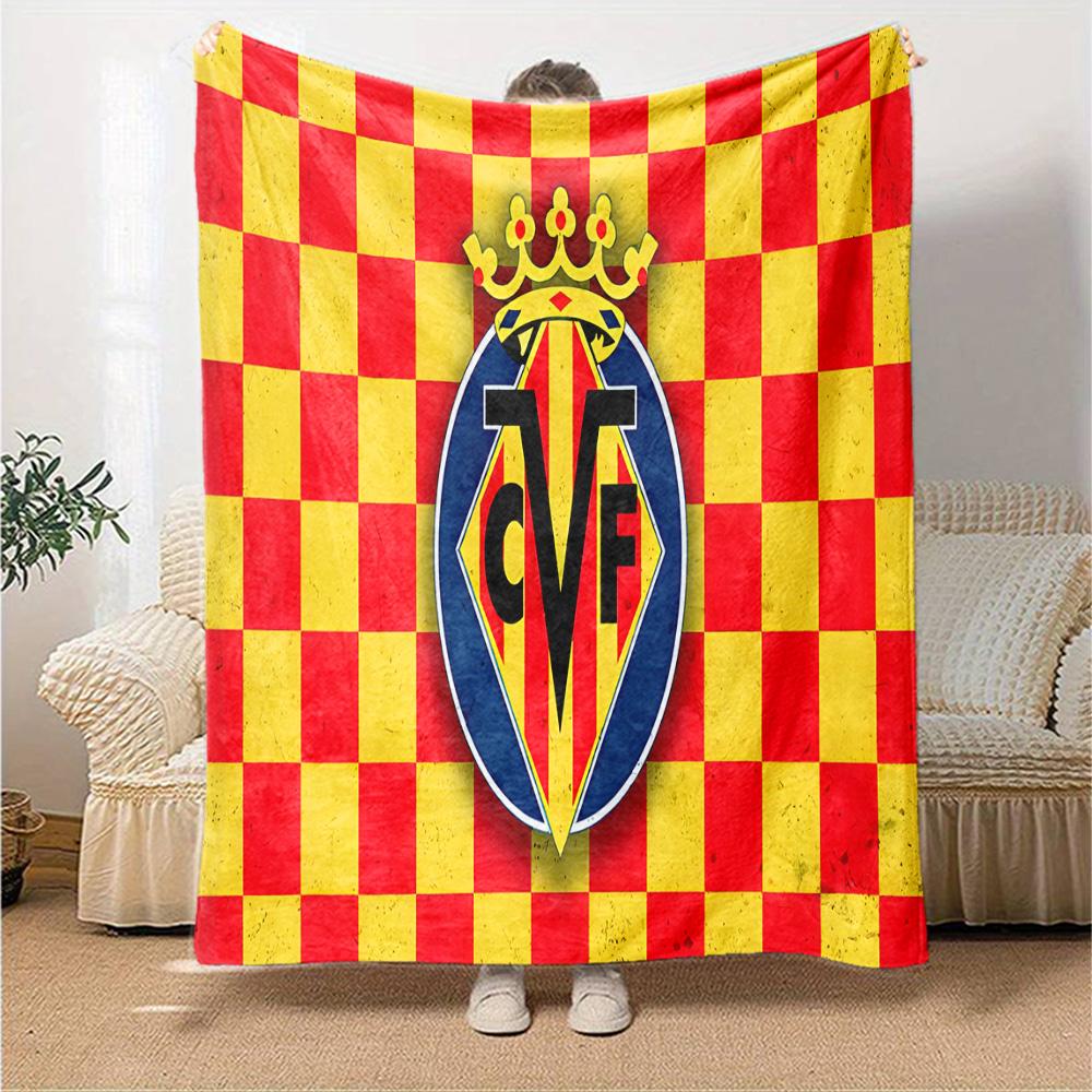 Club Vill-arreal Crest Design Flannel Blanket, Soft Polyester, Modern Design, All-Season for Camping, Travel, Gifts for holidays or birthdays