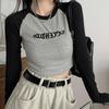 2KWEIRD Letter Print T-Shirt Women Spring Long Sleeve Patchwork Tops Fashion Retro Contrast Color Crop Top Hot Girl Kpop Skinny Y2K Tees