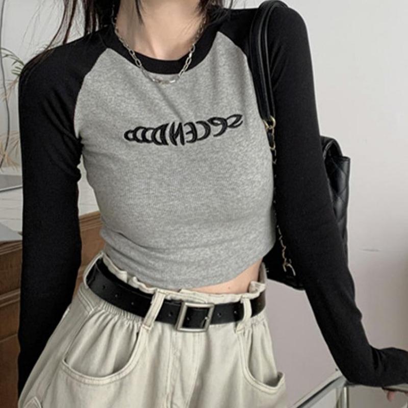 2KWEIRD Letter Print T-Shirt Women Spring Long Sleeve Patchwork Tops Fashion Retro Contrast Color Crop Top Hot Girl Kpop Skinny Y2K Tees