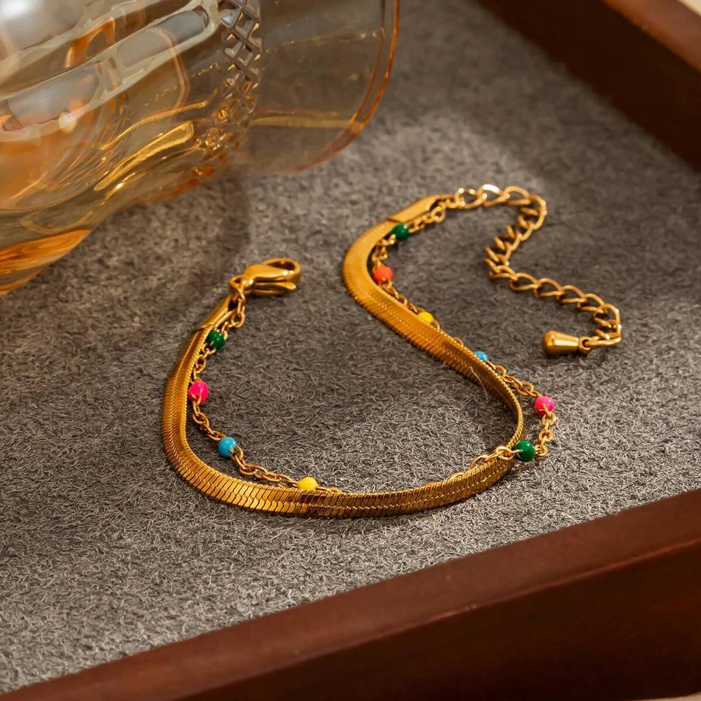 Ingemark Boho Goldfarbene Edelstahl-Schlangenkette Armbänder Damen Retro Stapelbare Bunte Perlenarmbänder Wasserdichter Schmuck