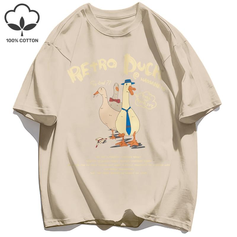 Retro Duck Print Mens T-Shirts Loose Cotton Breathable Short Sleeve Trendy All-Match Clothes Summer Soft Unisex Basics Top