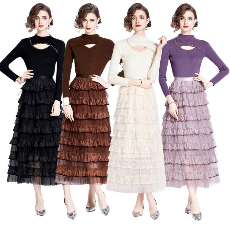 Women's Long-Sleeve Knitted Patchwork Dress Set