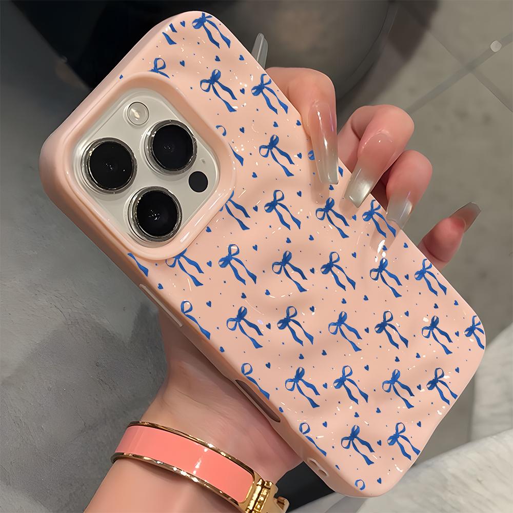 Pretty Bow And Heart Pattern Wave Texture Phone Case For iPhone 11 12 13 14 15 16 17 Pro Max 14 15 Plus 17 Air Soft Back Cover