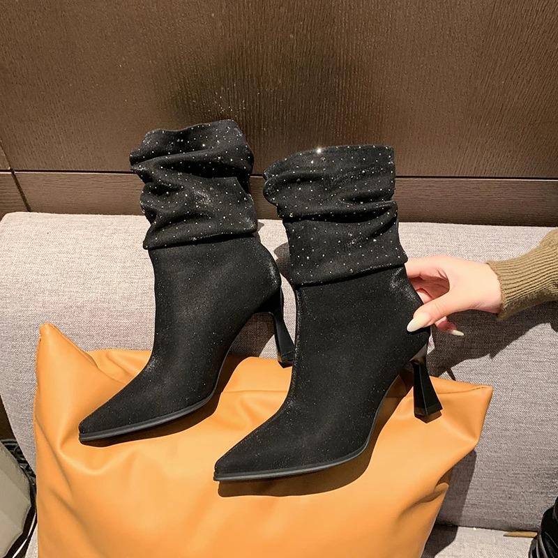 Ankel Tynne hæler Moderne Støvler Vinter Slip-on 2024 Hot Sale Sko Kvinnelig spiss Høy Hæl Solid Bling Kortfattede Damestøvler