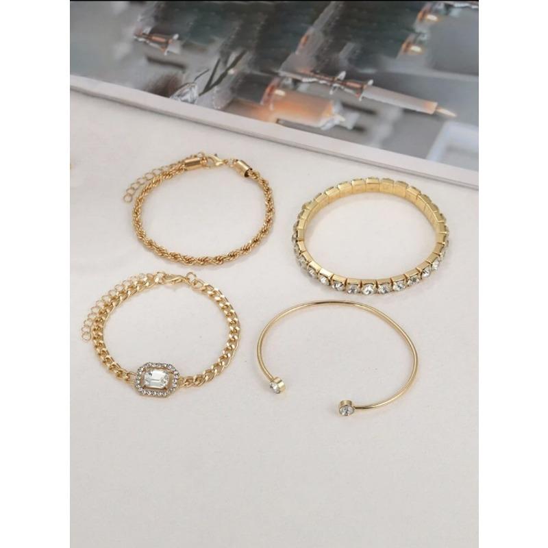 Literary and Artistic Retro Versatile Metal Chain Square Diamond 4-piece Set of Hot Selling Multi-layer Diamond Stacked Bracelet Set