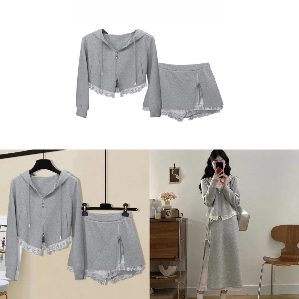 Lingerie Style Lace Hooded Sweatshirt And Midi Skirt Set For Casual Wear
