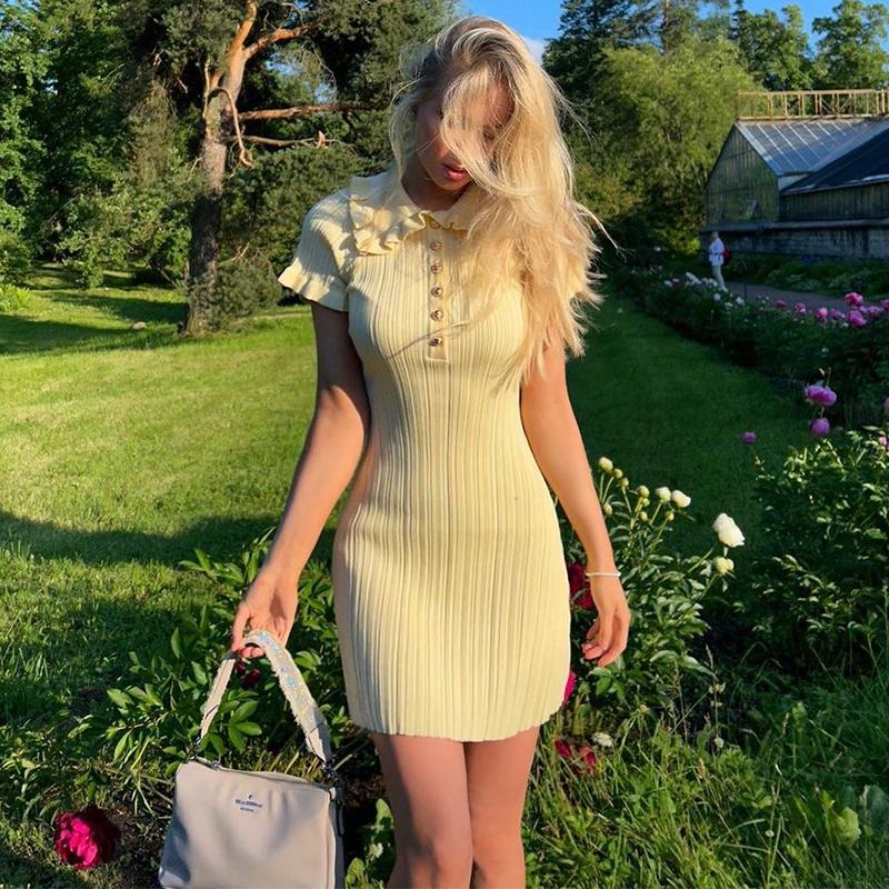 Women's Knitted Dress Summer High Waist Short Sleeve Ruffle Neck Bodycon Dresses Femme Slim Vacation Clothes French Vintage Elegant Evening Dress