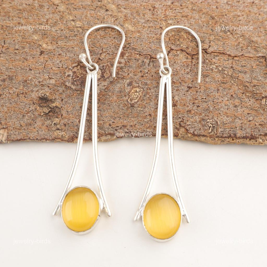 Oval Yellow Cat's Eye Gemstone 925 Silver Dangle Drop Anniversary Gift Earrings EE-136-37