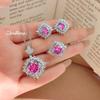 Women Elegant Jewelry Set Pink Tourmaline Square Ring Pendant Necklace High Carbon Diamond Stud Earrings
