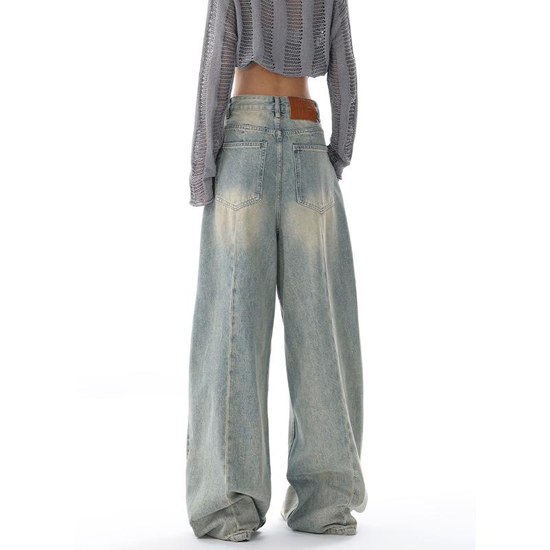 WTEMPO All Season American Retro High Waist Jeans Women Casual Loose Long Wide Leg Denim Pants with Pockets Streetwear
