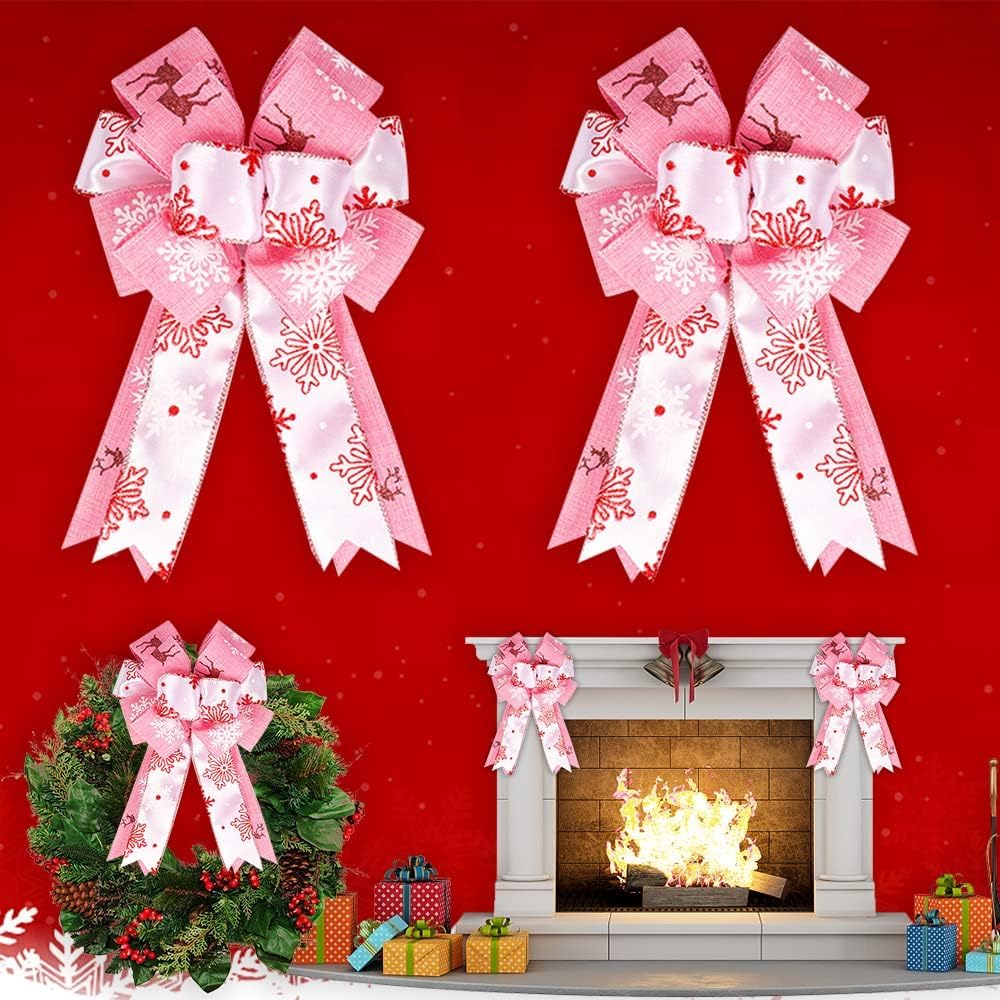 

2 PCS Christmas Wreath Bows White Pink Burlap Bows Xmas Snowflake Craft Bows for Front Door Winter Christmas Decoration 12.2 x 6.69 inch