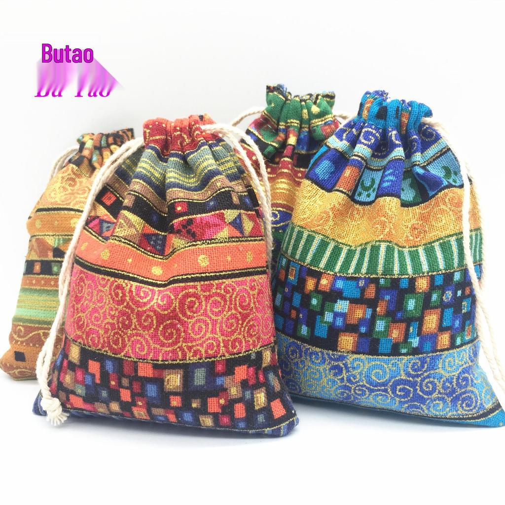 BuTao Aufbewahrungstasche für Aromatherapie-Schmuck im ethnischen Stil – farbenfrohe Tasche aus Baumwolle und Leinen mit Kordelzug