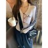 2026 Spring Korean Color Block V-Neck Long Sleeve Women's T-Shirt with Versatile Striped Embroidery Design