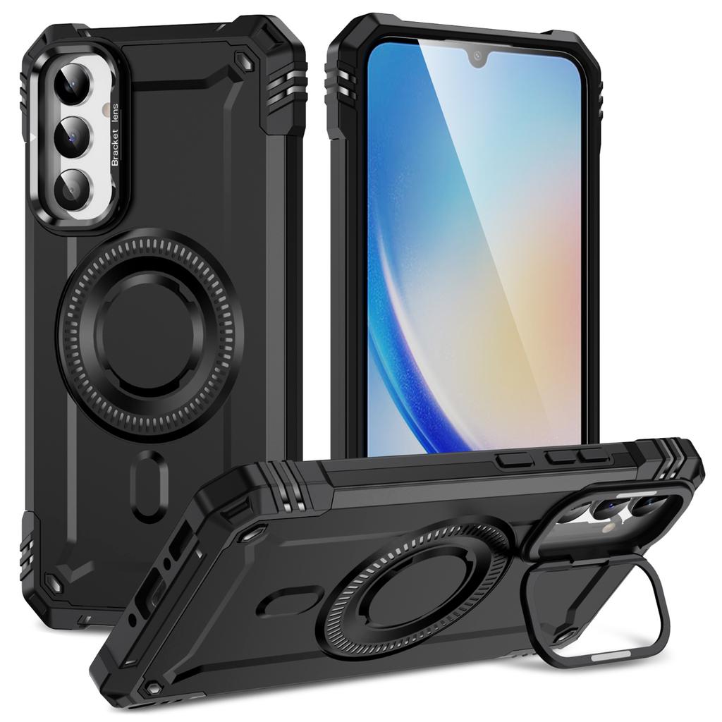 For Samsung Galaxy A25 5G (Global) (161.0mm) Case Compatible with MagSafe Metal Lens Frame Kickstand PC+TPU Mobile Cover