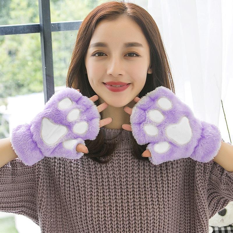 Cartoon cat claw gloves women's winter cute girl bare finger thickened warm bear paw plush half finger gloves