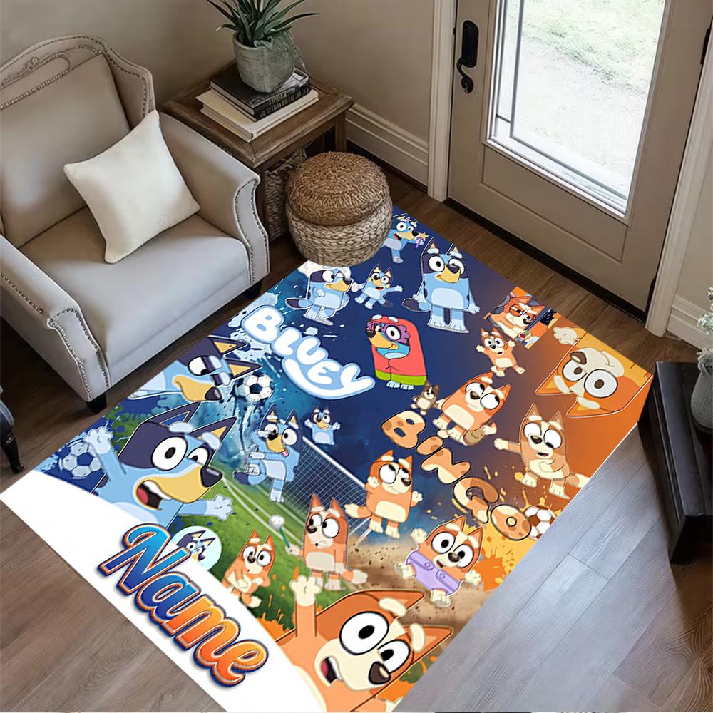 Bluey's Soccer Fun Customized Name Floor Mat Perfect for Study room Foyer Decorate room Playrooms Anti-slip Rug Decorate Offices