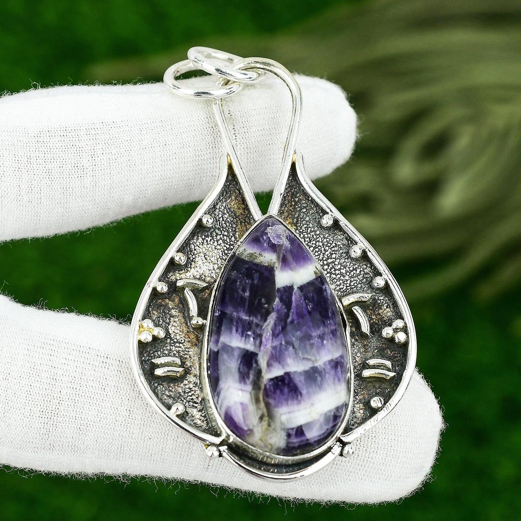 Natural Chevron Amethyst 925 Sterling Silver Bezel Crown Chakra Ethnic Pendant