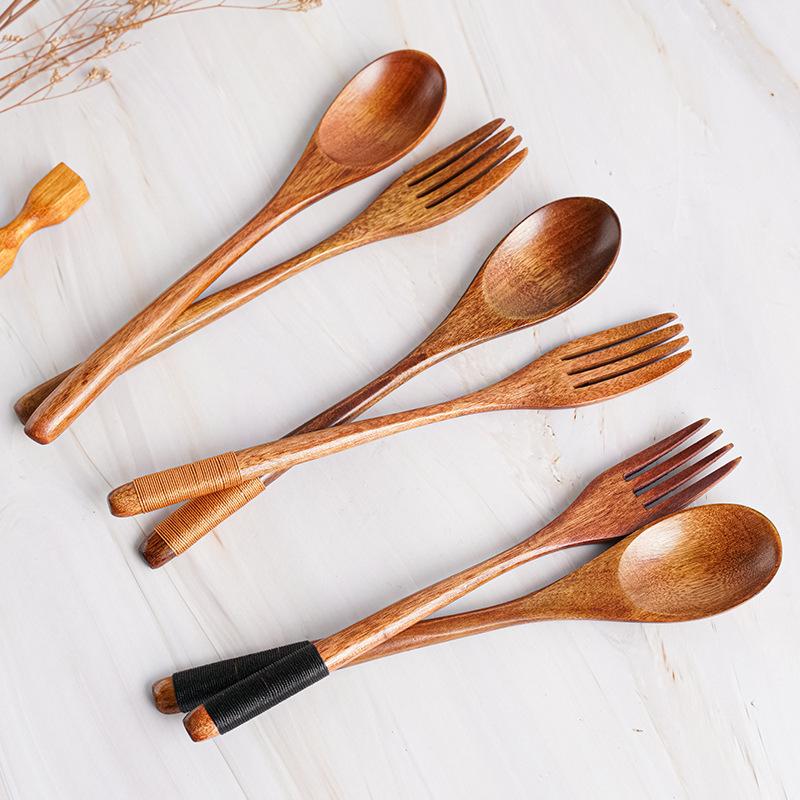 2Pcs Wooden Spoon Fork Dinnerware Set Long Handle Rice Soup Dessert Spoon Japanese Style Dinner Spoon and Fork Set Wood Cutlery