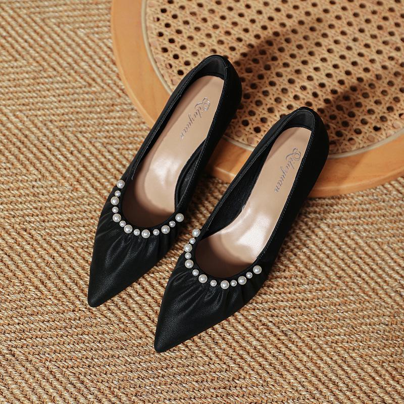 Customized~ Pointed High Heels, Thin Heels, Pearl Fashion Shoes 2025 New Spring and Autumn French Soft Leather Pleated Shallow Mouth Single