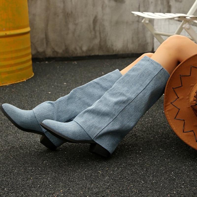 Fashion Women's Knee High Boots Fashion Pointed Toe Trouser Tube Boots Classics Women Western Cowboy Boots Denim Knight Boot Botas Mujer