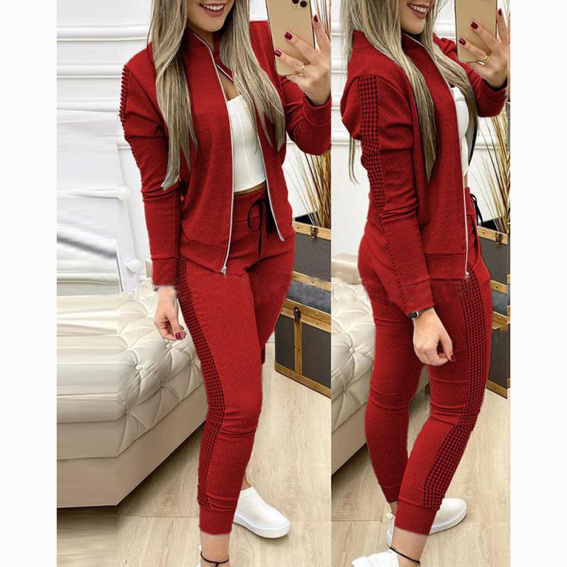 Autumn Women's Fashion Sports Casual Patchwork Plaid Suit
