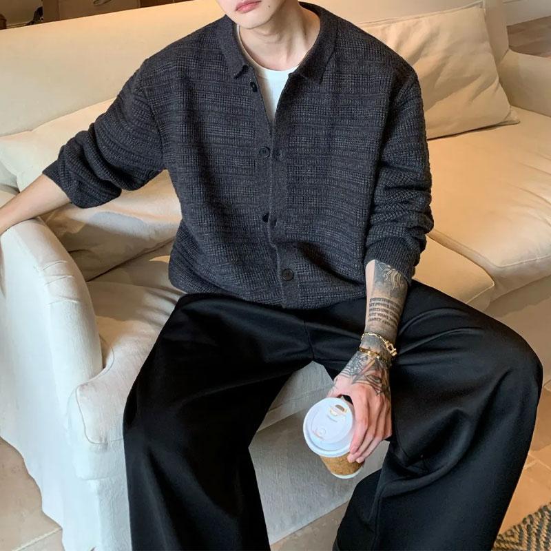Basic Vintage Turn-down Collar Sweaters Men's Clothing Solid Color Autumn Winter Loose Casual Single-breasted Knitted Cardigan