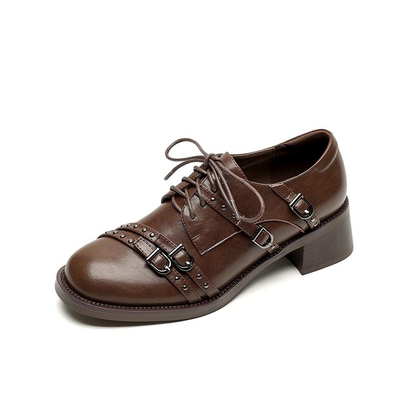 Fashion NEW Spring/Autumn Women Loafers Round Toe Chunky Heel Shoes Split Leather Shoes Women Rivet Lace-up Women Pumps Handmade Shoes