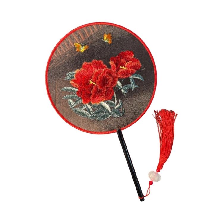 Vintaged Styles Silk Embroidery Round Fan Chinese Dance Fan For Photography And Cultural Activities