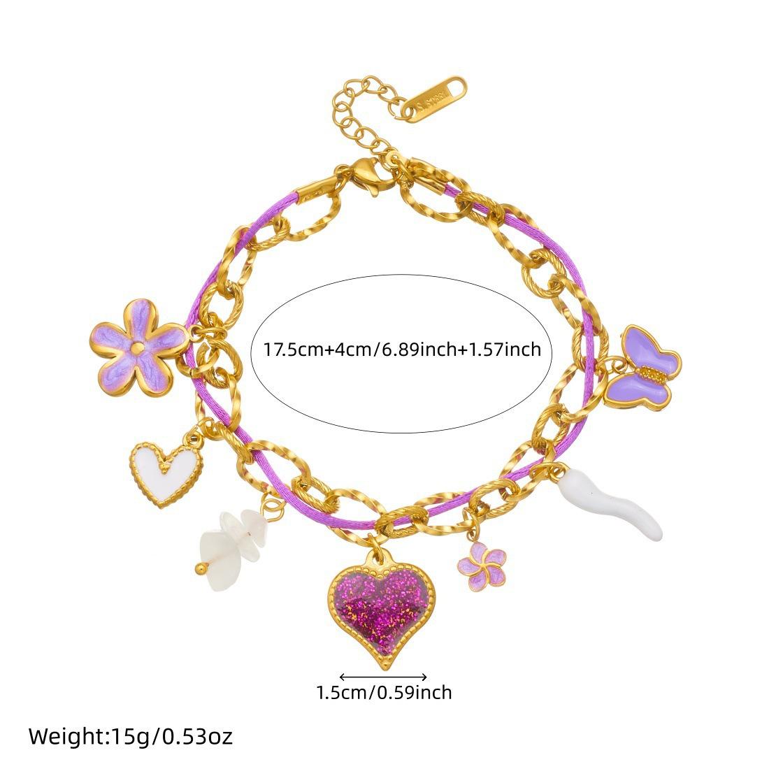 Stainless Steel Braided Rope Necklace Set with Layered Purple Butterfly Heart Pendant and Bracelet in Titanium Steel 18K