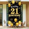 Happy 21st Birthday Decorations for Her Him, Black Gold 21 Birthday Banner Backdrop, Fabric Door Decor Yard Sign Photo Booth Props for Men and Women,