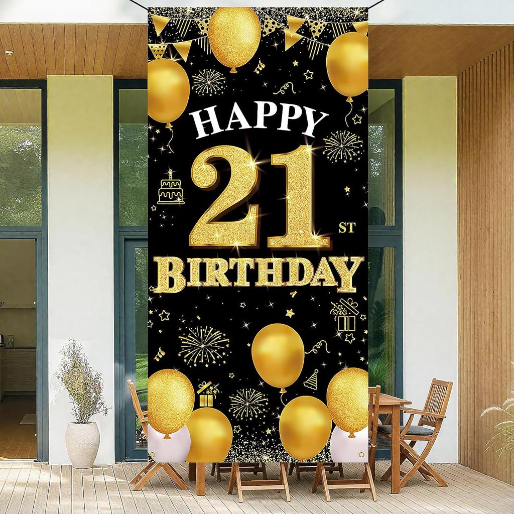 Happy 21st Birthday Decorations for Her Him, Black Gold 21 Birthday Banner Backdrop, Fabric Door Decor Yard Sign Photo Booth Props for Men and Women,