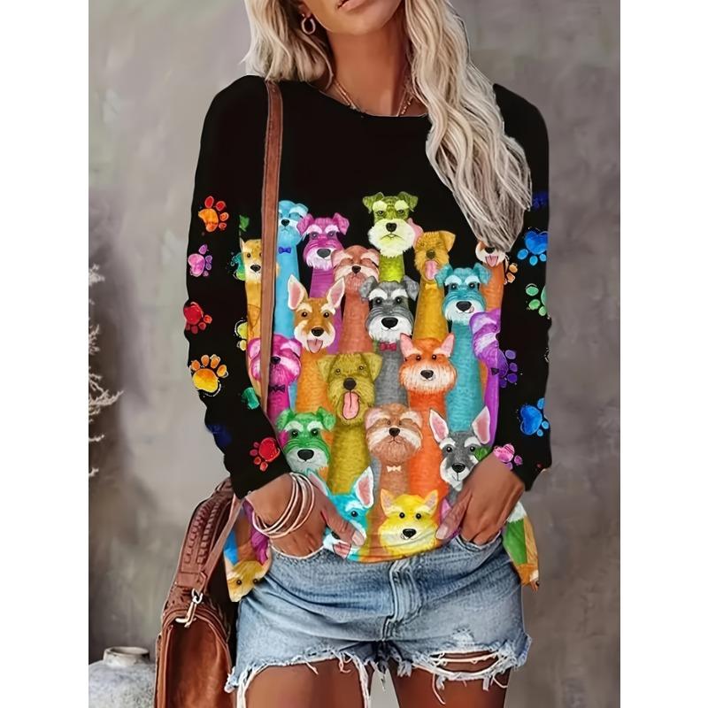 Women s Casual T-Shirt Long Sleeve, Women s Tops Colorful Cartoon Dog and Paw Print Long Sleeve Crew Neck T-Shirt S