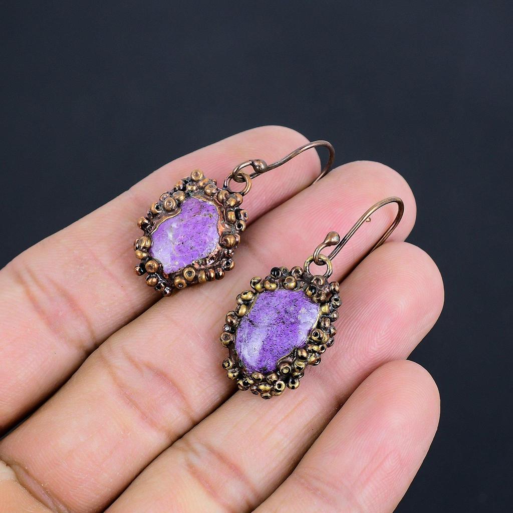 Purpurite Copper Electroformed Earrings, Handmade Gemstone Earrings Jewelry, Gifts For Wife Brand New Earrings