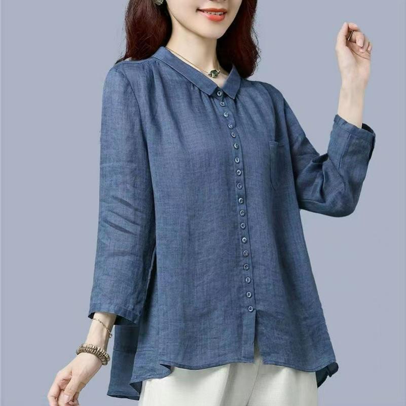 Cotton and Linen Shirt Women's Spring and Autumn Loose and Thin Western Style Women's Loose All-match Blouse Shirt