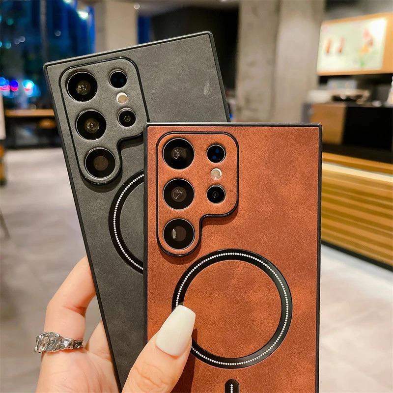 Wireless Charge Leather for Samsung Galaxy S24 S23 S22 S21 Ultra Plus Case Matte Soft Magnet MagSafe Allround Camera Cover Shell