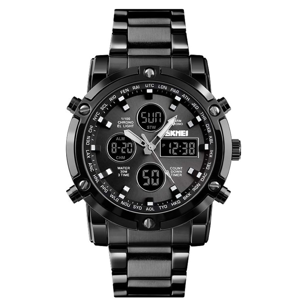 HINICE Men s Analog Digital Chronograph Watch Black Stainless Steel 30M Water Resistant Calendar Luminous Round Face