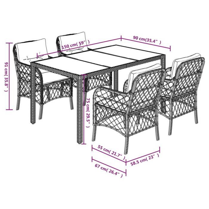 VidaXL 5-Piece Garden Dining Set with Cushions, Patio Table and Chairs, Outdoor Furniture Terrace, Modern, 3212026