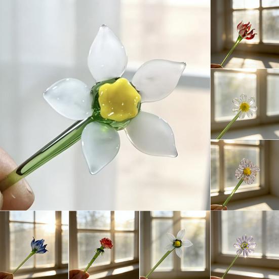 Yousheng Mini Glass Flower Figurine Handmade Faux Crystal Transparent Flower Bouquet Collectible Hand Blown Table Ornament for Mother's Day Birthday