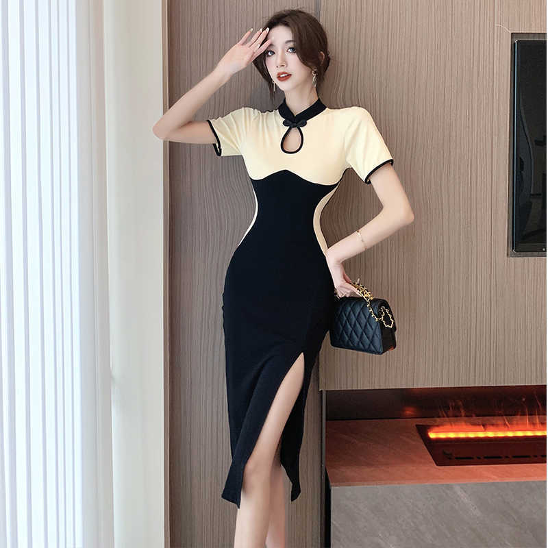 Chinese sexy contrasting color hollow dress summer dress new temperament high waist and thin split fork medium and long cheongsam