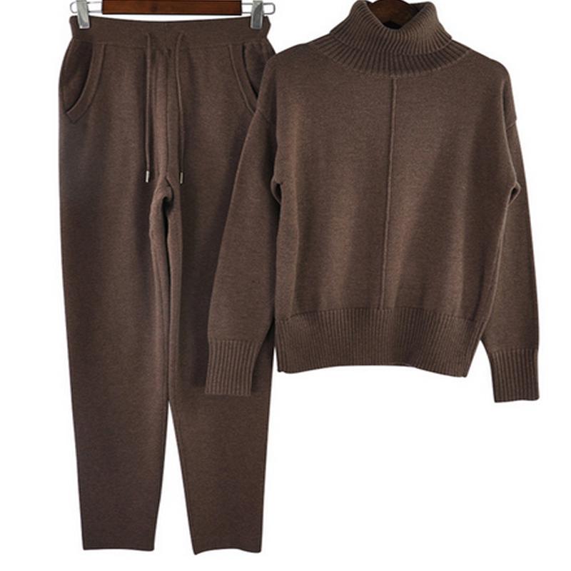 TAOVK Strikkede drakter for kvinner Myk Varm Vinterdrakt Dame Midtlinje Genser og Bukse 2-delt sett