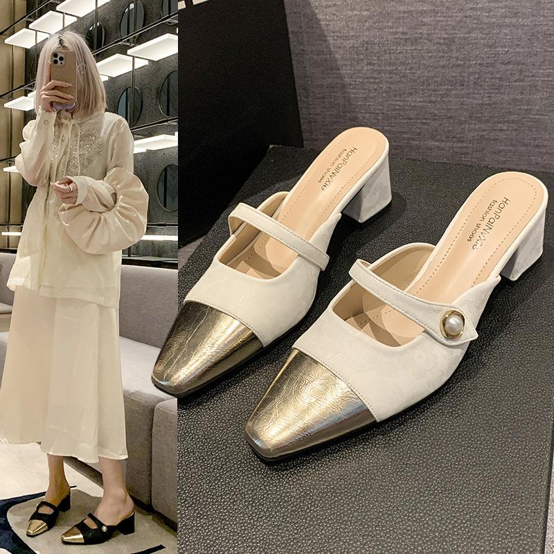 Spitze Zehenpartie Taschenkopf Französische Halbschuhe draußen Damenschuhe Frühling flach lässig Mary Jane Pedale Sandalen Tide