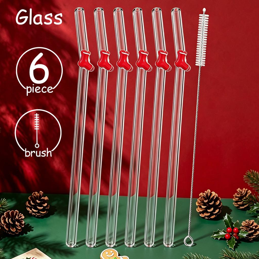 6pcs Christmas Glass Straws Set with Brush Reusable Glass Straw Suitable for Milkshakes Juices Coffee Kitchen Bar Accessories